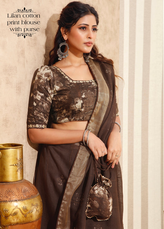Woody Brown Colour Dola Silk Saree With Aari Work and Contrast Blouse