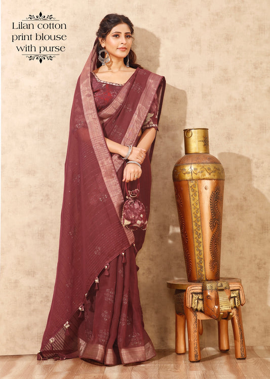 Wine Colour Dola Silk Saree With Aari Work and Contrast Blouse