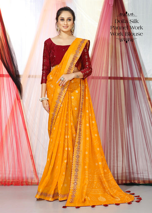 Gold Drop Colour Dola Silk Saree With Work of mirror Border And Work katha blouse