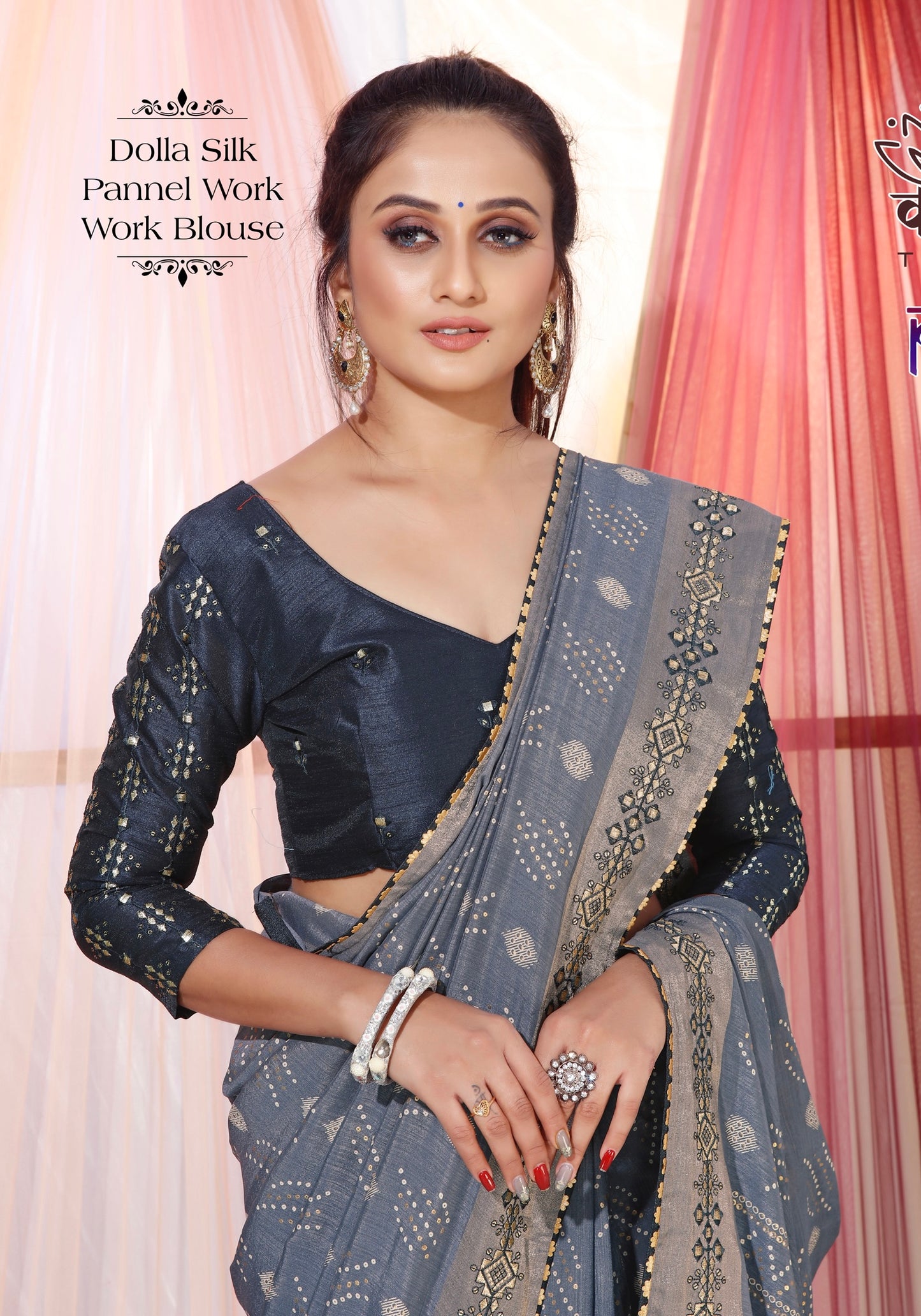 Raven Colour Dola Silk Saree With Work of mirror Border And Work katha blouse