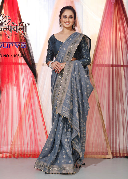 Raven Colour Dola Silk Saree With Work of mirror Border And Work katha blouse