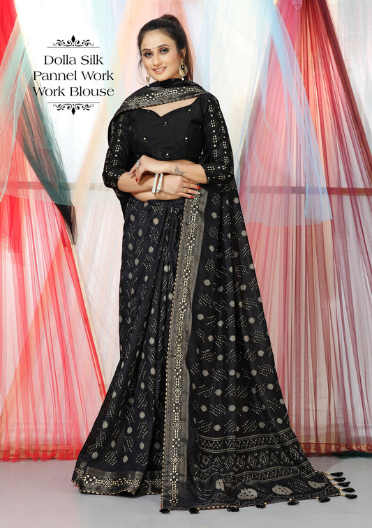 Smoky Black Colour Dola Silk Saree With panned Work And Blouse