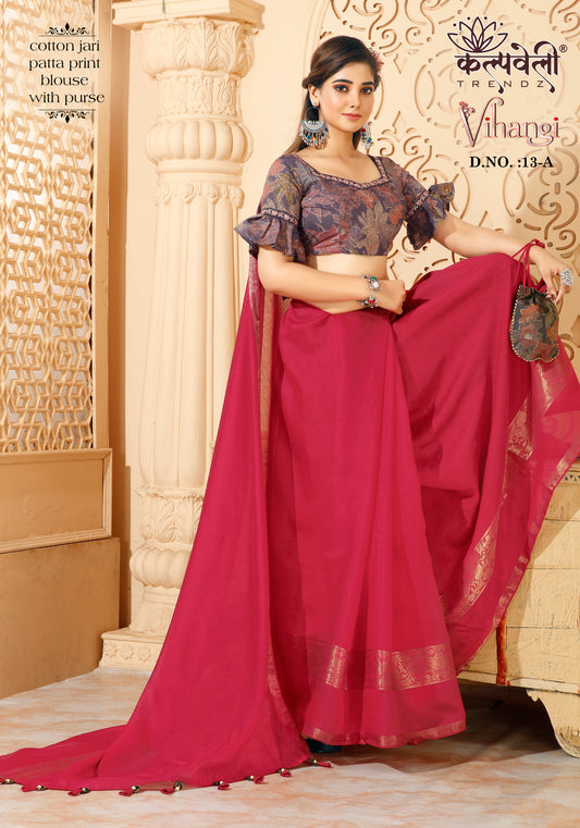 Bright Maroon Colour Cotton Zari Patta Saree With Print Blouse And Purse