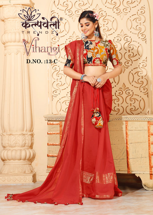 Orangy Red Colour Cotton Zari Patta Saree With Print Blouse And Purse