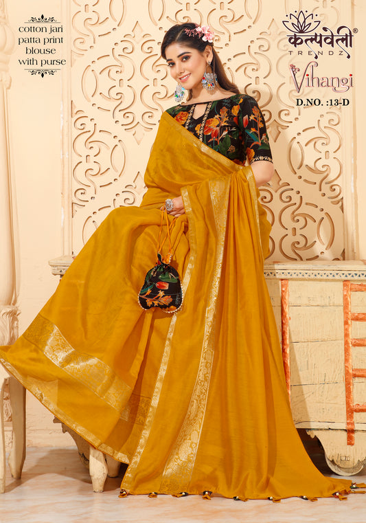 Pirate Gold Colour Cotton Zari Patta Saree With Print Blouse And Purse