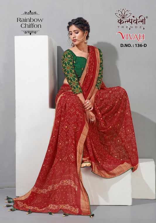 Red Oxide Colour Rainbow Chiffon Saree With Work Blouce