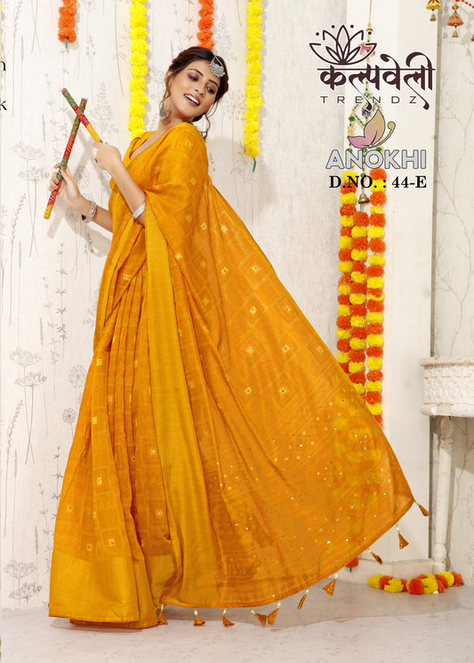 Yellowish Orange colour Soft Cotton Jari Patta with Mirror Work