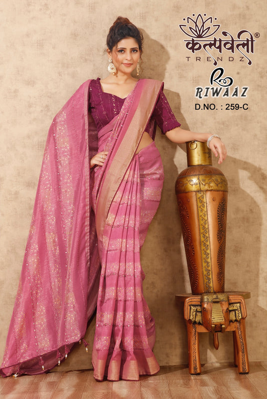 Deep Rose Colour Dola Silk Saree With Sequence Lining And Work Blouse
