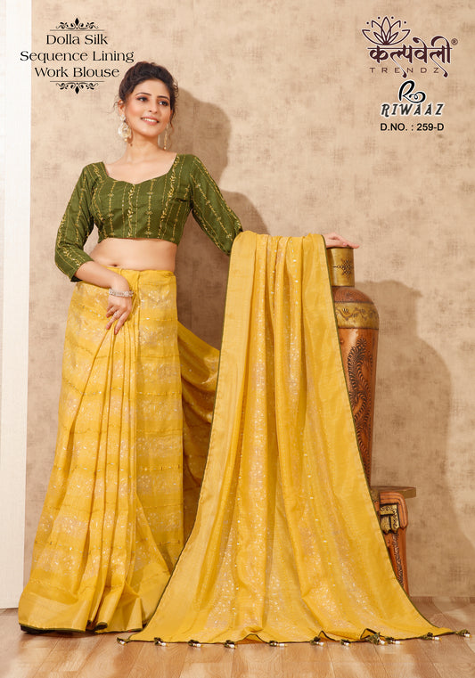 yellow Colour Dola Silk Saree With Sequence Lining And Work Blouse
