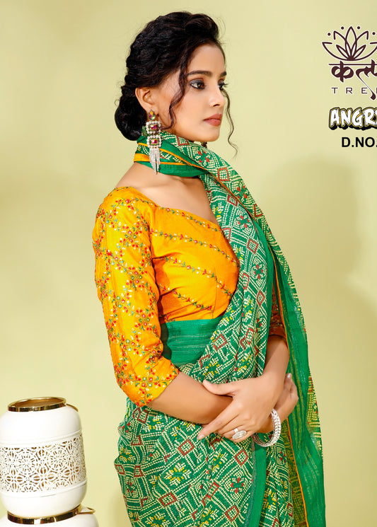 Irish Green Colour Nilgiri Chiffon Saree With Work blouse
