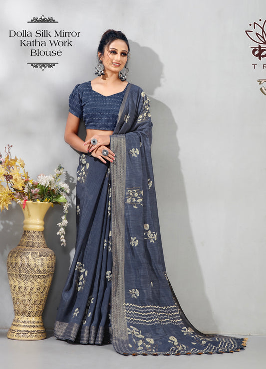 Bright Grey Colour Dola Silk Saree With Work of mirror Border And Blouse of katha Work