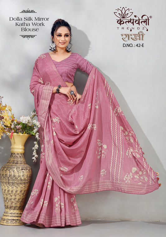 Dusky Rose Colour Dola Silk Saree With Work of mirror Border And Blouse of katha Work