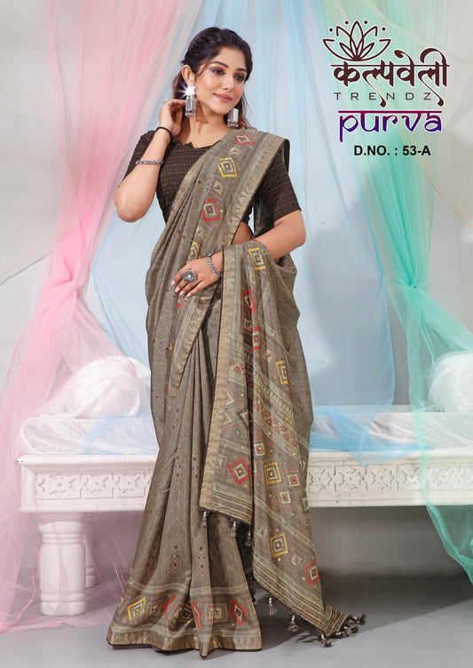 Brownish Grey Colour Dola Silk Saree With Work of mirror Border And Work katha blouse