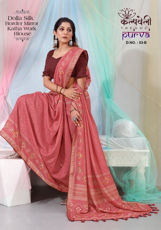 Dark Pink Colour Dola Silk Saree With Work of mirror Border And Work katha blouse