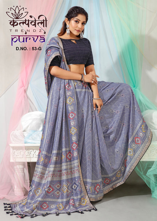 Regent Grey colour Dola Silk Saree With Work of mirror Border And Work katha blouse