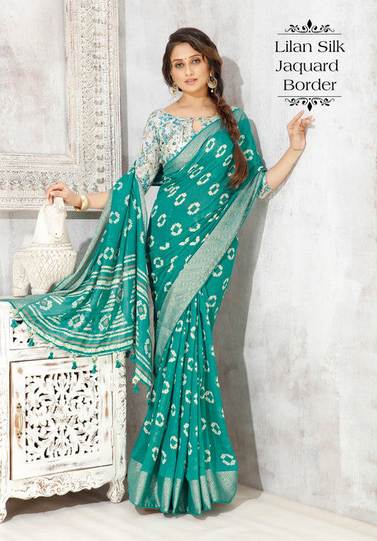 Teal Blue Colour Linen Silk Saree With Jacquard Border And Printed Blouse