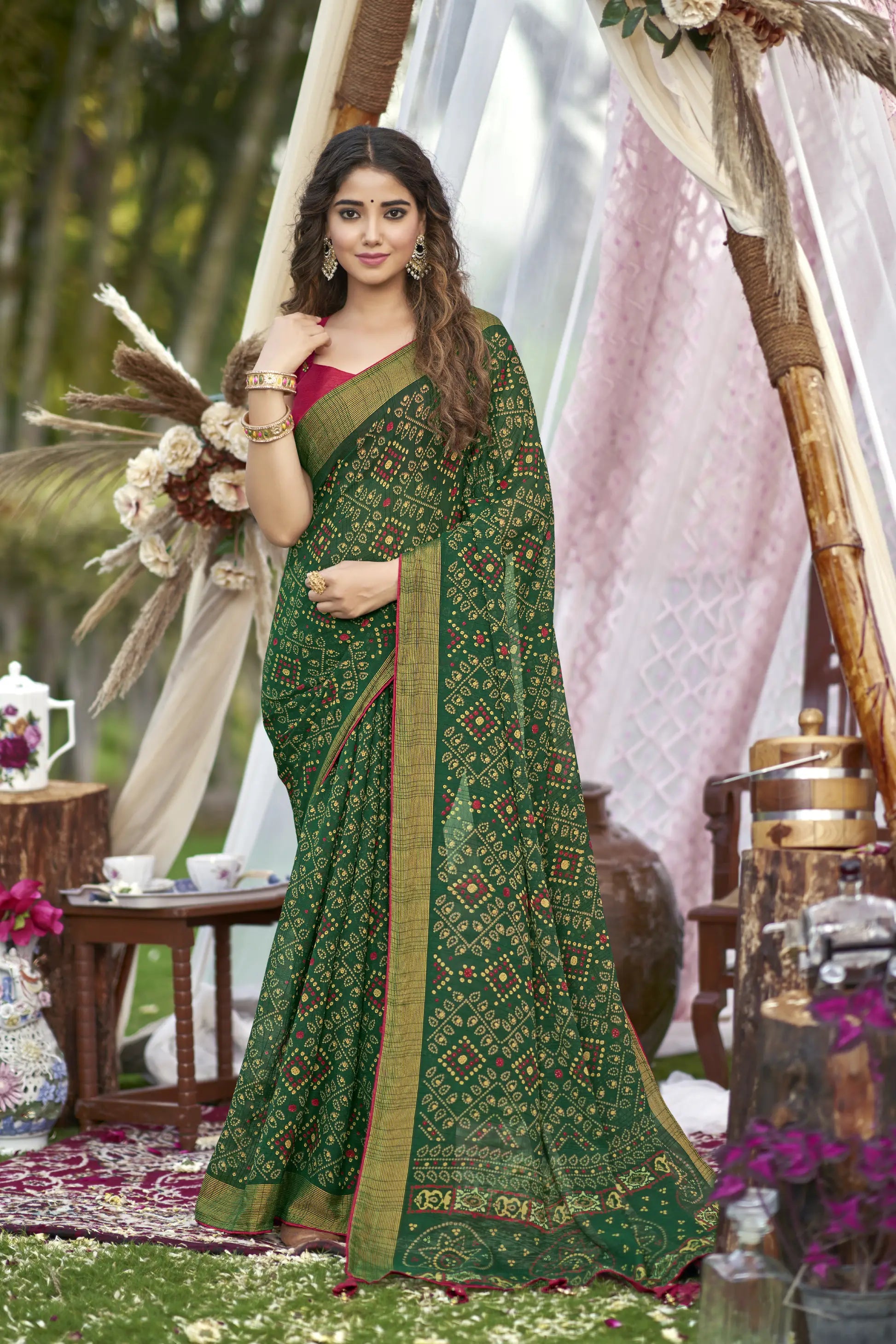 Buy Manu Fashion Era Bottle Green Siroski Stone Work Shimmer Chiffon Saree  Sari For Women with Attach Blouse Piece at Amazon.in