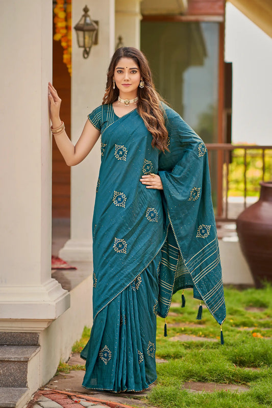 Deep Teal Colour Doby Viscose Chanderi Dayeble
